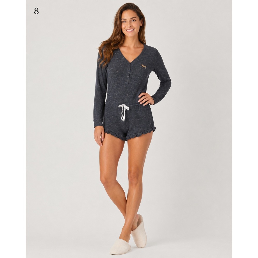 Victoria's Secret PINK Thermal Romper Small Gray Tie Waist Long‎ Sleeve Shorts